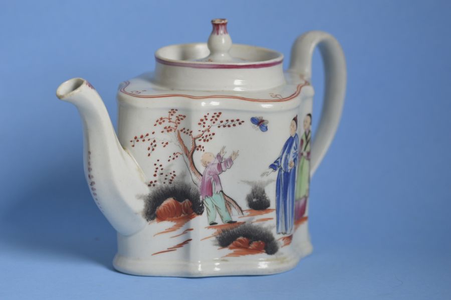 Antique Early 19th Century New Hall Teapot + Stand - Boy and Butterfly Pattern