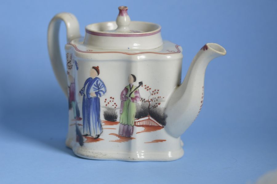 Antique Early 19th Century New Hall Teapot + Stand - Boy and Butterfly Pattern