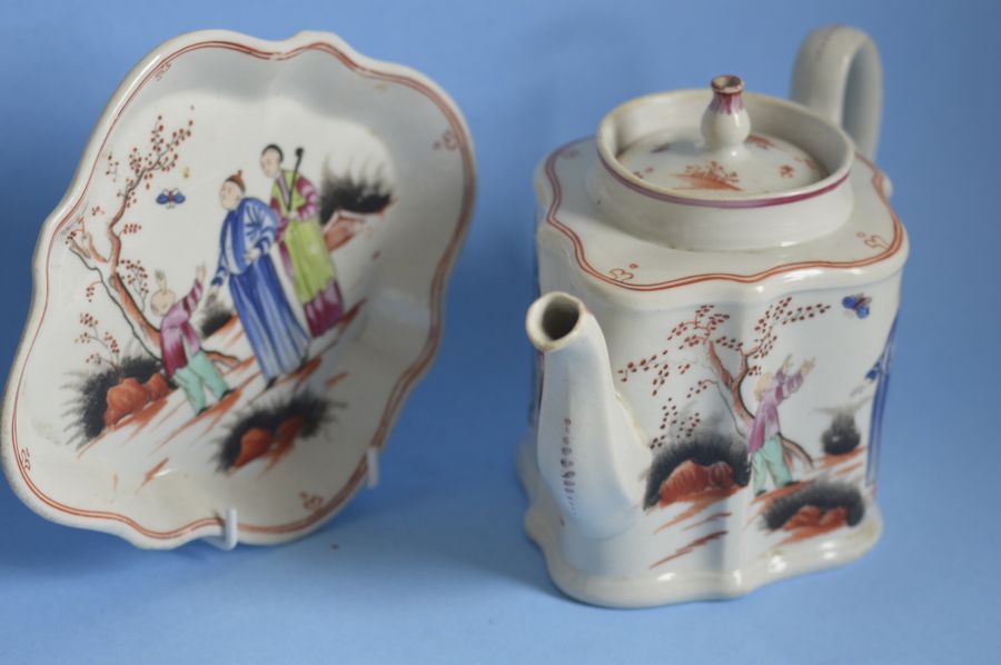 Antique Early 19th Century New Hall Teapot + Stand - Boy and Butterfly Pattern