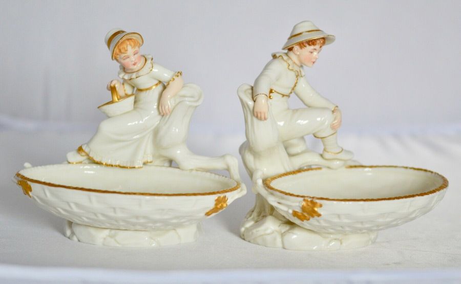 Antique 1882 A Delightful Pair of Royal Worcester Figural Comports in the Hadley Style