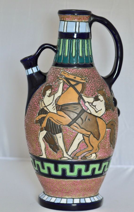 Antique Superb and Substantial Art Deco Polychrome Amphora Ceramic Pitcher 1920/49