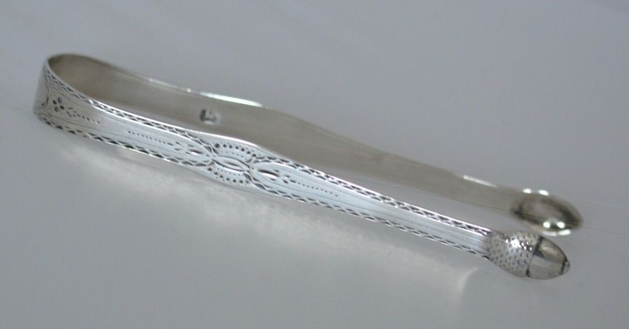 Antique Excellent Hester Bateman Bright Cut Georgian Silver Sugar Tongs - Acorn Design