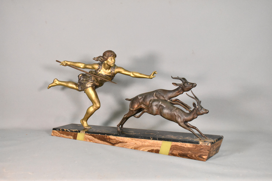 Antique Large Art Deco Sculpture Diana the Huntress by Carlier