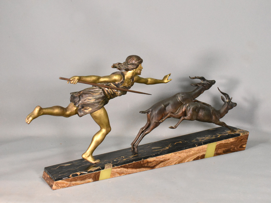 Antique Large Art Deco Sculpture Diana the Huntress by Carlier