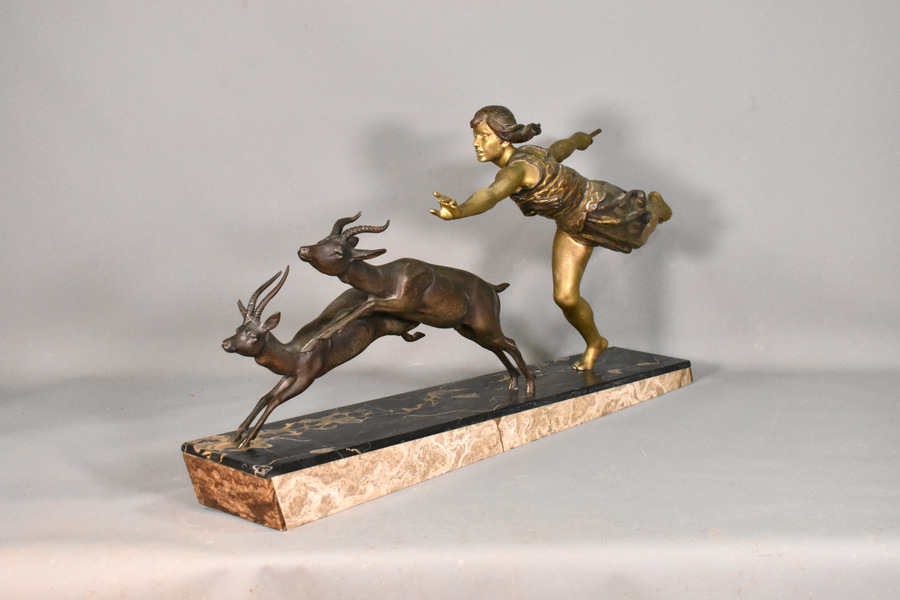 Antique Large Art Deco Sculpture Diana the Huntress by Carlier