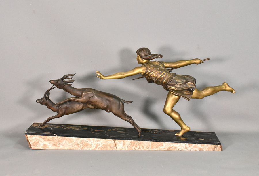 Antique Large Art Deco Sculpture Diana the Huntress by Carlier