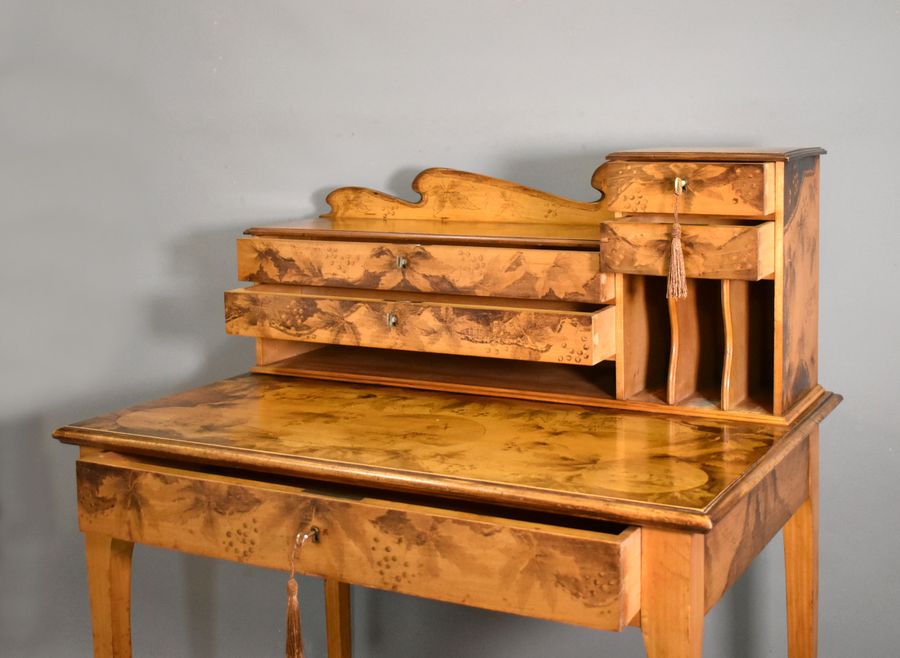 Antique French Art Nouveau Tiered Pyrography Etched Desk