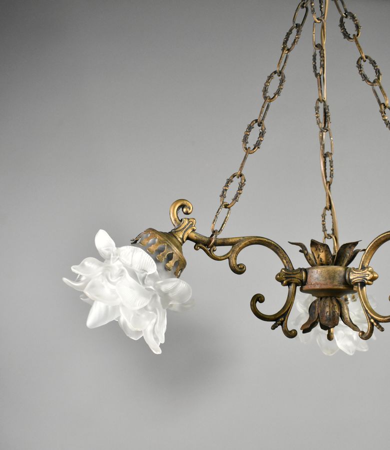 Antique French Mid Century Ceiling Light with Three Floral Shades
