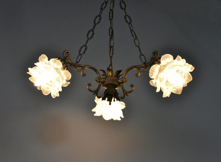 Antique French Mid Century Ceiling Light with Three Floral Shades