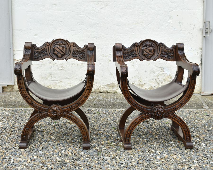 Pair X Frame Throne Chairs Dagobert Style by Navarro Argudo in Oak