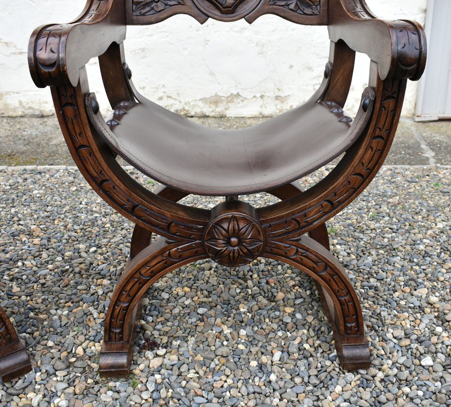 Antique Pair X Frame Throne Chairs Dagobert Style by Navarro Argudo in Oak