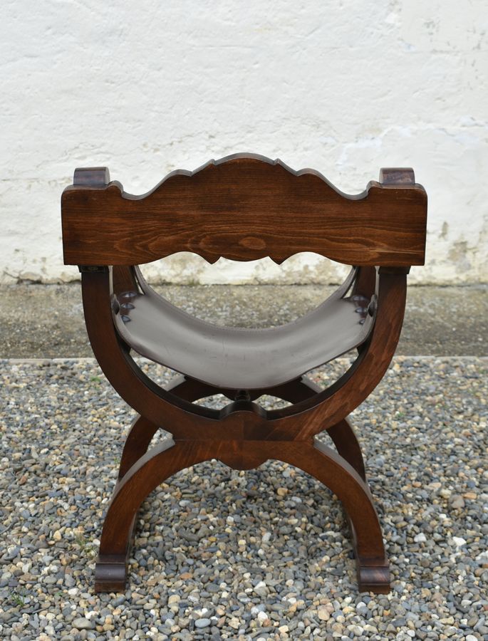 Antique Pair X Frame Throne Chairs Dagobert Style by Navarro Argudo in Oak