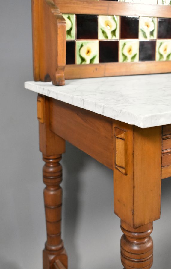 Antique Edwardian Tile Back Marble Top Washstand in Birch
