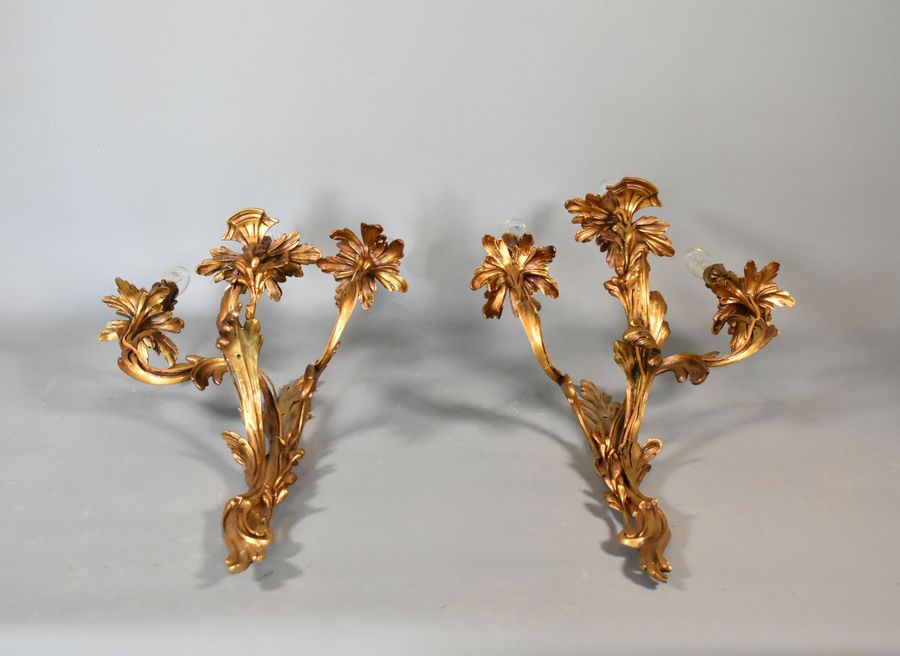 Antique Pair of Large Gilt Bronze Wall Sconces Louis XV Style