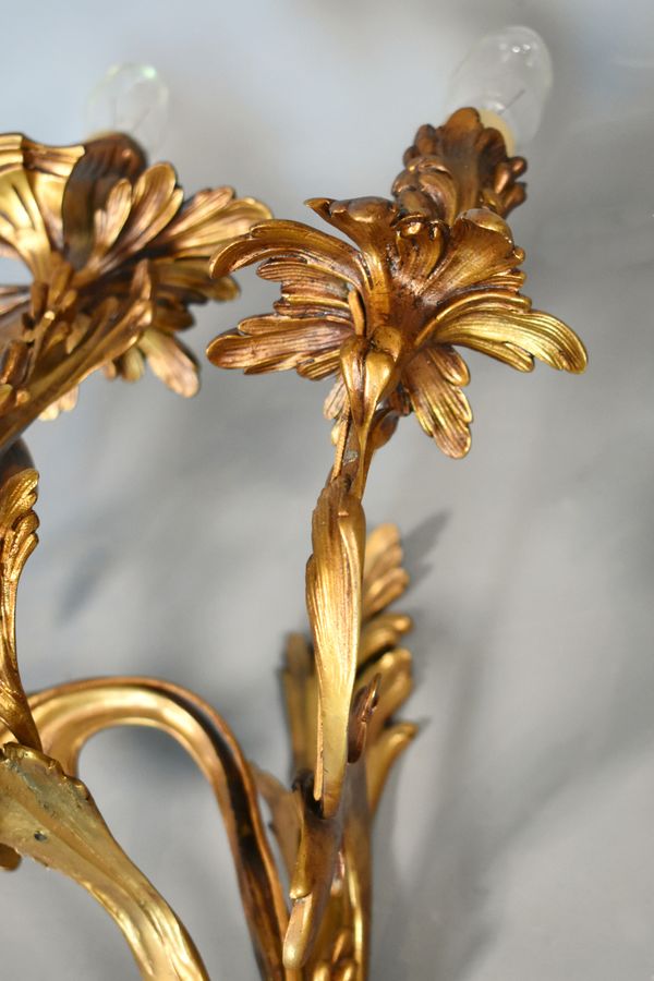 Antique Pair of Large Gilt Bronze Wall Sconces Louis XV Style