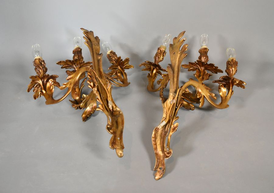 Antique Pair of Large Gilt Bronze Wall Sconces Louis XV Style