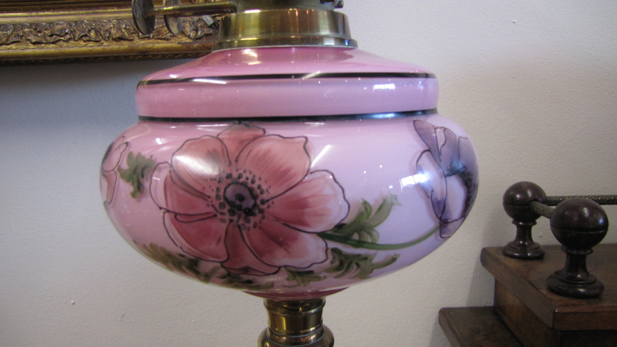 Antique Antique Art Nouveau Hand Painted Pink Oil Lamp C.1900