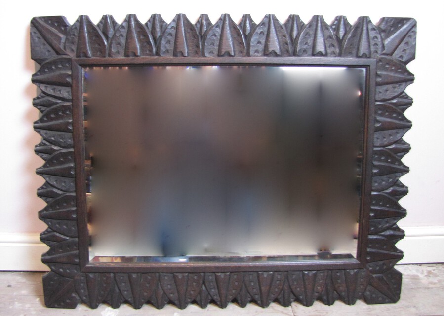 Large Arts & Crafts carved oak framed mirror