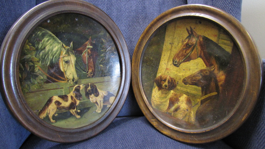 FRAMED PAIR OF TOLEWARE PLATES DEPICTING HORSES AND DOGS