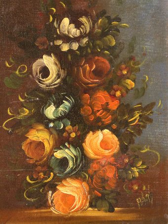 Antique Italian painting depicting still life with flowers of the 20th century