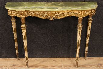 Antique Lacquered and gilded Italian console table with onyx top  of the 20th century