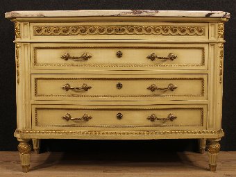 Antique Lacquered and gilded French dresser with marble top of the 20th century