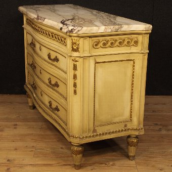 Antique Lacquered and gilded French dresser with marble top of the 20th century