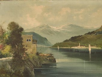 Antique Great Italian painting depicting Lake Como landscape of the 20th century