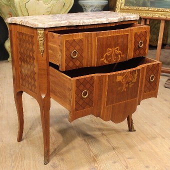 Antique Small French inlaid dresser with marble top of the 20th century