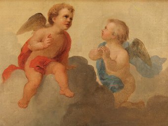 Antique Italian painting depicting pair of little angels