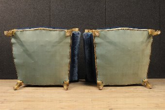 Antique Pair of gilded armchairs in blue velvet