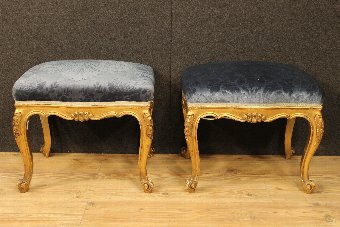 Antique Pair of golden footstools in blue velvet