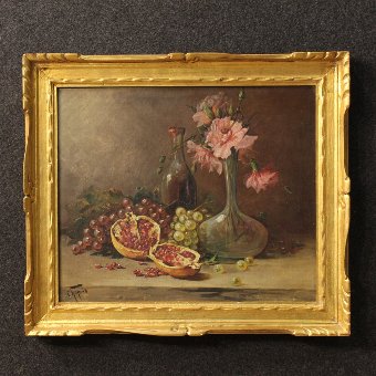 Antique Pair of French still life paintings with fruits and flowers