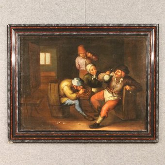 Ancient Flemish interior scene painting of the 18th century
