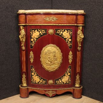 Antique French inlaid corner cupboard with marble top