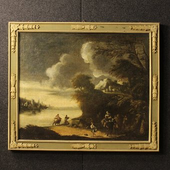 Antique Italian painting landscape with characters of the 18th century