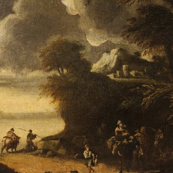 Antique Antique Italian painting landscape with characters of the 18th century 