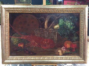 Spanish painting still life with lobster signed and dated 1883