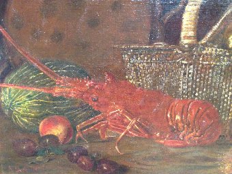 Antique Spanish painting still life with lobster signed and dated 1883