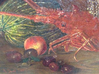 Antique Spanish painting still life with lobster signed and dated 1883