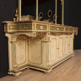 Antique Italian sideboard with mirror in lacquered and gilded wood