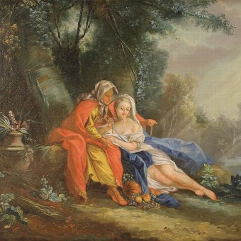 Antique Antique French landscape painting with characters of the 18th century