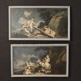 Antique Antique Italian painting landscape with little angels' game of the 18th century