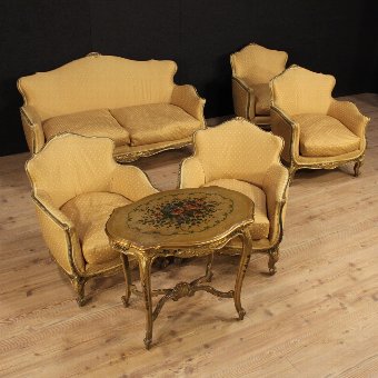 Antique Pair of Venetian armchairs in lacquered, gilded and painted wood
