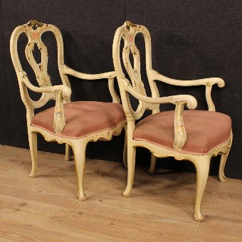 Antique Pair of lacquered, painted and gilded Venetian armchairs