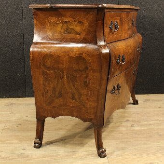 Antique Italian inlaid dresser in walnut, burl and maple