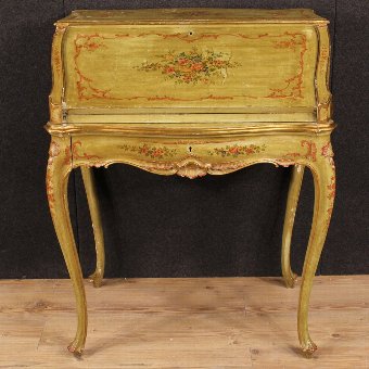 Antique Venetian lacquered, gilded and painted bureau with floral decorations