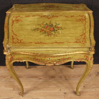 Antique Venetian lacquered, gilded and painted bureau with floral decorations
