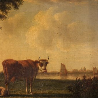 Antique Antique Flemish painting bucolic landscape of the 19th century