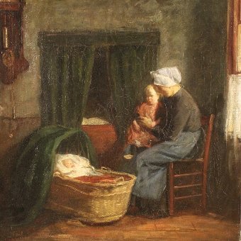 Antique Dutch painting interior scene with children of the 19th century